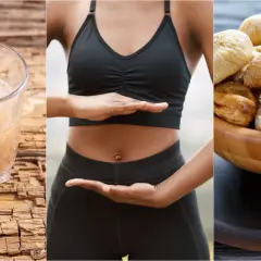 Un vaso de bebida con semillas, una persona con las manos en el abdomen y un cuenco de higos secos, mostrando laxantes naturales para el estreñimiento.