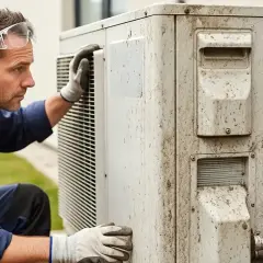 Technik w okularach ochronnych i rękawicach sprawdza brudną jednostkę klimatyzacyjną, przygotowując się do czyszczenia filtra magnetycznego.