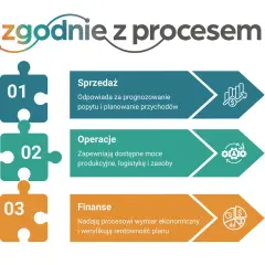 Schemat "zgodnie z procesem" przedstawia S&OP: Sprzedaż (prognozowanie popytu), Operacje (zapewnienie zasobów) i Finanse (rentowność).