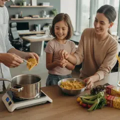 Famille préparant des pâtes dans une cuisine moderne.