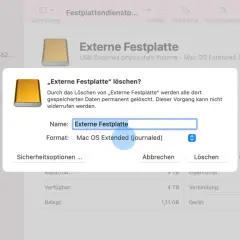 Dialog zum Löschen einer externen Festplatte auf dem Mac. Hier wird die externe Festplatte formatiert.