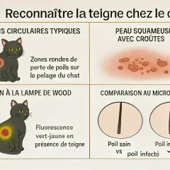 Illustration montrant les symptômes de la gale du chat : lésions circulaires, peau squameuse, fluorescence sous lampe de Wood et poils infectés au microscope.