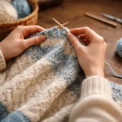 Ręce dziergają sweter w paski. Na stole leżą kłębek włóczki, druty i nożyczki. Zastanawiasz się, ile włóczki na kamizelkę?