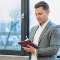 Ein Mann im Anzug notiert auf einem Tablet, wie er Steuern sparen kann.