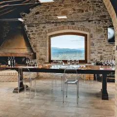 Sala degustazione in pietra con camino, tavola apparecchiata per assaggio vini, vista panoramica sulle colline del Chianti.
