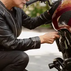 Kobieta w skórzanej kurtce sprawdza regulator napięcia alternatora w motocyklu.