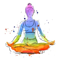 Silueta acuarela de persona meditando en posición de loto, con colores vibrantes que sugieren chakras alineados.