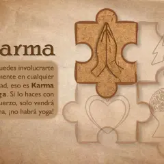 Piezas de rompecabezas con símbolos: manos rezando, rayo, corazón y cerebro. El texto explica que la alegría en la actividad es Karma Yoga.