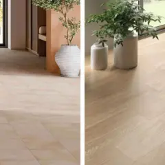 Un coin cuisine avec un revêtement carrelage mural décoratif et un sol en carrelage beige. À droite, un sol imitation bois clair.