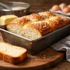 Un pain brioché doré dans son moule, une tranche à côté. Peut-on manger un pain qui n'a pas levé ? Celui-ci semble délicieux !