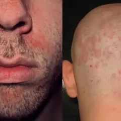 Viso e cuoio capelluto con arrossamenti e squame, segni tipici della dermatite seborroica.