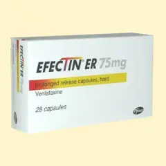 Opakowanie leku Efectin ER 75mg, zawierającego wenlafaksynę, w ilości 28 kapsułek o przedłużonym uwalnianiu.
