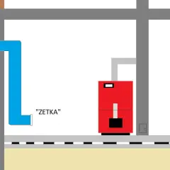 Schemat wentylacji kotłowni: niebieska rura doprowadza powietrze do czerwonego kotła.