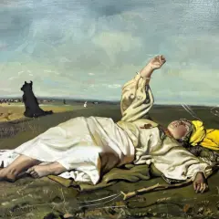 Babie lato obraz interpretacja: dziewczyna w bieli leży na trawie, w tle czarny pies i bydło.