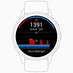 Tarcza zegarka Garmin pokazuje 1391 kcal, z czego 340 aktywnie. Czy Garmin dobrze liczy kalorie? Wykres pokazuje aktywność od północy.