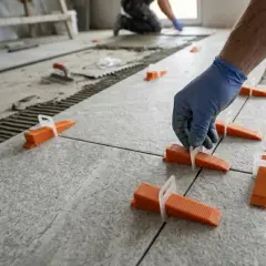 Mano con guanto blu posiziona cunei arancioni per la posa piastrelle 60x120 su pavimento in fase di realizzazione.
