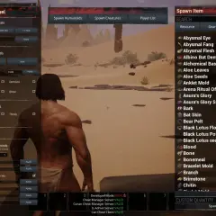 Panel administrator w Conan Exiles z opcjami zmiany statystyk, sterowania pogodą i przedmiotami do przywołania.