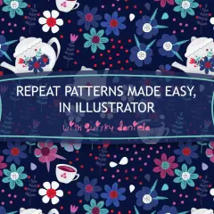 Un charmant motif répété de fleurs et de théières blanches sur fond bleu nuit. Le texte "Repeat patterns made easy, in Illustrator with Quirky Daniela" est centré.