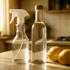 Spray bottle, bottiglia di aceto bianco e limoni su un tavolo.