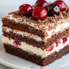 Pyszny tort czekoladowy z malinami i kremem mascarpone, ozdobiony wiśniami i czekoladowymi wiórkami.