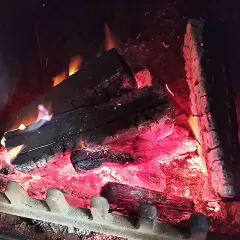 Braises rougeoyantes et flammes bleues dans un feu de bois, la chaleur monte.