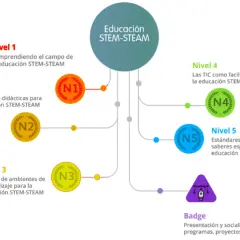 Diagrama de niveles de educación STEM-STEAM, desde la comprensión del campo hasta estándares y socialización de proyectos.