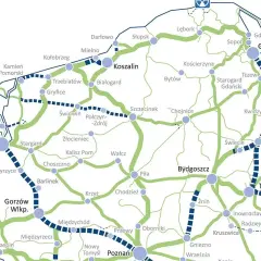 Mapa drogowa Polski z zaznaczonymi trasami. Widoczne miasta to m.in. Poznań, Piła, Szczecin, Gdańsk.