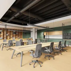 Un moderno **progetto mensa aziendale** con tavoli lunghi, sedie ergonomiche e un'area cucina attrezzata.