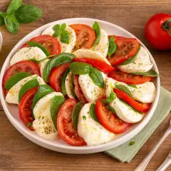 Ein köstlicher Caprese Salat mit frischen Tomaten, Mozzarella und Basilikum, garniert mit Kräutern und Olivenöl.