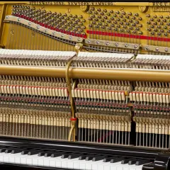 Mechanizm pianina Steinway z widocznymi młoteczkami, strunami i klawiaturą. To jest co to jest pianino.