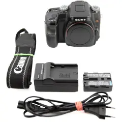 Zestaw z aparatem Sony Alpha A100: korpus, pasek Canon, ładowarka i bateria Sony NP-FM55H.