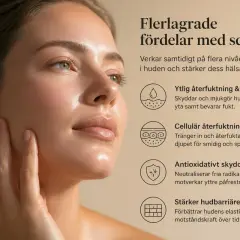 Kvinnas ansikte med strålande hud. Texten lyfter fram fördelarna med squalane, som återfuktar och stärker huden. Squalane är inte farligt, utan en hudvänlig ingrediens.