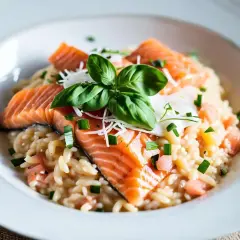 Un délicieux risotto saumon, garni de basilic frais et de ciboule ciselée. Une recette parfaite pour un repas savoureux.