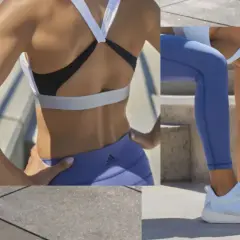 Kobieta w sportowym stroju, w tym bielizna adidas, ćwiczy na zewnątrz.