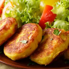 Goldbraune Kartoffelpuffer, nach Omas Kartoffelpuffer Rezept mit gekochten Kartoffeln, serviert mit frischem Salat.