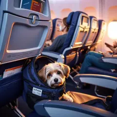 Un adorable chien dans son sac de transport, prêt à voyager en cabine avec une compagnie aérienne qui accepte les chiens.