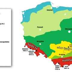 Mapa Polski z zaznaczonymi pasmami górskimi: Sudety, Góry Świętokrzyskie i Karpaty. Kolory oznaczają różne typy ukształtowania terenu.