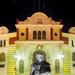 Estatua de un torero frente a la iluminada plaza de toros Almería por la noche.