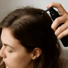 En hand applicerar serum i hårbotten för att motverka frissigt hår uppe på huvudet.