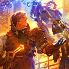 Młody artificer w steampunkowym stroju, z płonącym mieczem, tworzy mechanicznego pomocnika. W tle unoszą się trybiki i maszyny.