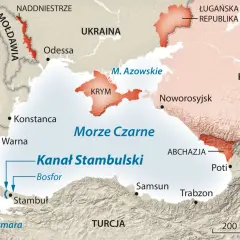 Mapa pokazuje, gdzie znajduje się Morze Czarne, otoczone przez Ukrainę, Rosję, Gruzję, Turcję, Bułgarię, Rumunię i Mołdawię.