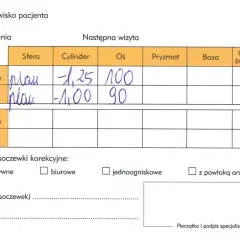 Recepta na okulary zawiera dane badania wzroku dla dali: oko prawe -1,25, oko lewe -1,00. Ważność recepty na okulary zależy od decyzji specjalisty.