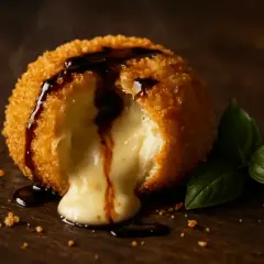 Burrata panée dégoulinant de fromage fondant, nappée de sauce et garnie de basilic frais sur fond de bois sombre.