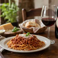 Ein Glas Rotwein steht neben einer Flasche mit Hahn-Etikett, bereit, welcher Wein zu Spaghetti Bolognese passt. Dazu gibt es Brot und Parmesan.