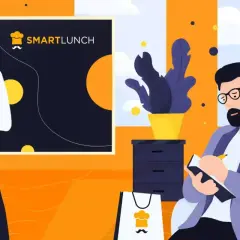 Kobieta prowadzi instruktaż, mężczyzna notuje. Na tablicy logo SMARTLUNCH.