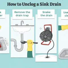 Illustration showing four methods to fix a clogged sink drain: plunging, removing the drain trap, snaking the drain, and using drain cleaner.