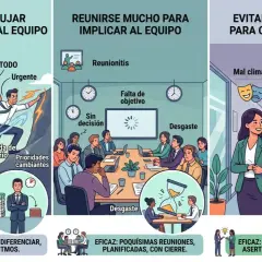 Ilustración sobre cómo lograr reuniones efectivas: motivar al equipo, evitar exceso de juntas y gestionar conflictos.