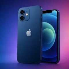Dwa niebieskie iPhone'y 12 na tle gradientu od niebieskiego do różowego. Premiera iPhone 12.