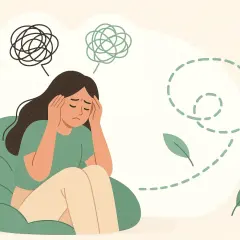 Ilustracja kobiety z rękami na skroniach, otoczonej chaotycznymi myślami i liśćmi.