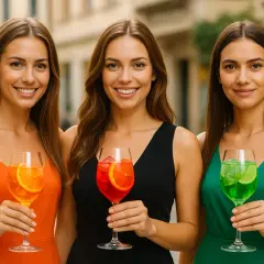 Tre amiche sorridono tenendo in mano un colorato spritz alcolico, ognuna con un gusto diverso.
